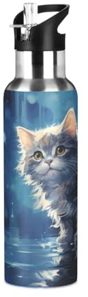 Niigeu Art Aquarelle Chat Chaton Bouteille d'eau Isotherme avec Paille en Acier Inoxydable Gourde, Sans BPA Gourdes Eau pour Enfant Sport Randonnée École Bureau (600ml/1L)