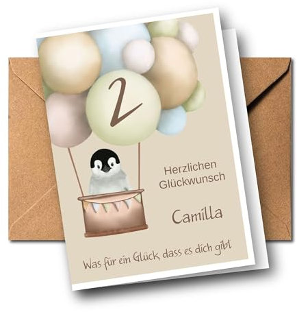 Personalisierte Kinder Glückwunschkarte zum 1. 2. 3. 4. 5. 6. 7. usw. Geburtstag, Grußkarte, Geburtstagskarte personalisiert, verschiedene Tiermotive (Pinguin)