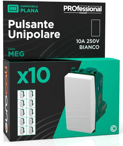 Pulsante Unipolare 10A 250V Compatibile con Vimar Plana Tasto a Polo Singolo a Incasso da Muro Frutti Elettrici Colore Bianco - Confezione da 10