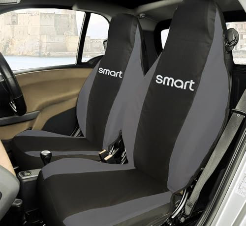 Rebeca Shop® Vordersitzbezüge kompatibel für Smart Fortwo 1., 2. und 3. Serie, W450, W451, W453, 2er-Set (Schwarz/Dunkelgrau, mit Logo)