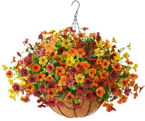 ZFProcess Artificial Fake Hanging Plants Flowers Basket, Faux Silk Daisy in Planter Realistic UV Resistant for Outside Home Patio Balcony Yard Mums Autumn Outdoor Decoration (Orange Brown Yellow)