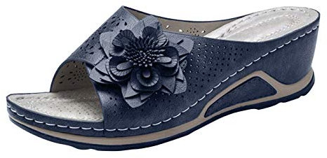 Sandales Femme éTé Cuir Chaussures Pieds Larges Chaussures décontractées Confortables pour Femmes Bout Ouvert Plat Creux Fleur Talon compensé Pantoufles Mules CompenséEs Femme Paillettes (Blue, 39)