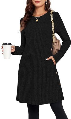 SENBATU Women Dresses Casual Crew Neck Jumper Dress for Women UK Knitted Midi Dress with Pockets Black Small