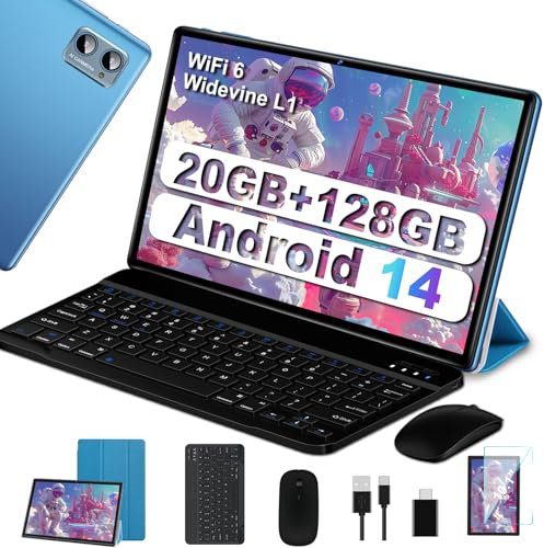 2025 Neueste Tablet 10 Zoll mit Widevine L1, Android 14 Tablet, 20GB RAM+128GB ROM(TF 1TB), Octa-Core,WLAN 6,WiFi 6, 6000mAh, Bluetooth 5.0, 1280 * 800, 8MP+5MP, tablet mit Tastatur und Maus,Blau