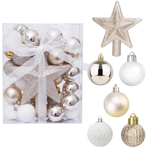 30 Stück Mini Weihnachtsdeko Kugeln Set, Weihnachtsbaum Kugeln 3cm, Weihnachtsbaumkugeln Kunststoff, Gold und Weiß Kugeln, christbaumkugeln Set weihnachtlichen, für Weihnachtstbaum Deko