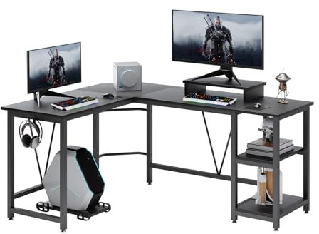TREETALK Computer desk, L-shaped Desk with 2-Layer Shelves,Large PC Laptop Table with CPU Stand&Monitor Stand,Corner Desk for Home Office (Black Carbon Fiber)