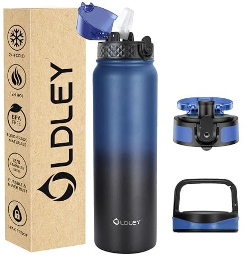OLDLEY Stainless Steel Water Bottle with Straw 1L Vaccum Insulated Large Drink Flask Metal Water Bottles 1 Litre Leakproof Keep Drinks Hot Cold for Sports Gym with Different Lids(Blue Black, 3 Lids)