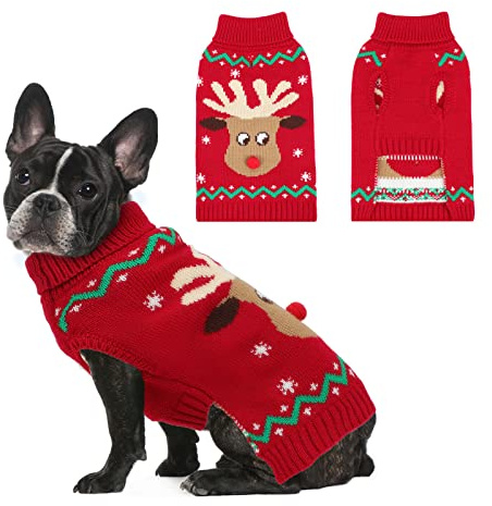 HYLYUN Hundepullover Weihnachten, Hundekleidung, Weihnachtskostüm Hund, S | Leinenöffnung für Spaziergänge, Rentier- & Schneeflockenmotiv, Rollkragen, Warme Haustier Pullover, Maschine kalt gewaschen