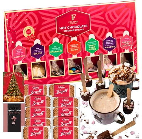 Christmas Gifts Hot Chocolate Spoons with Wooden Hot Chocolate Stirrer, Lotus Biscuits & Cards- Hot Chocolates Gift Box Sweets Treats for Stocking Fillers, Birthday or Kids Sleepovers Chocolate Drink