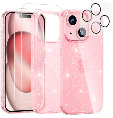 Noyabox for iPhone 15 Clear Glitter Case with 2 Screen Protectors, Sparkling Soft Transparent TPU Bumper Scratch-Resistant for Women and Girls, Pink