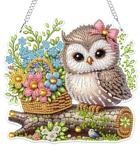 MOGTAA 5D Diamond Painting Anhänger, Eule Diamond Painting mit Kette Kinder Erwachsene, Tiere Diamant Painting Fensterbilder, Hängende Ornament Bastelset Set für Wand Und Eingang Decor