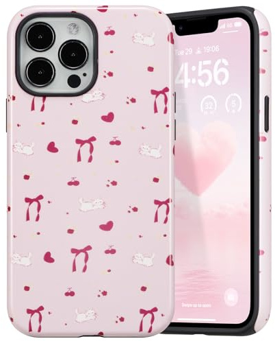 DEFBSC Case for iPhone 15 Pro Max, Cute Pink Bow Heart Ribbon Print Aesthetic Trendy Pattern for Women Girls Slim Durable Bumper Shockproof Hybrid Hard Back Phone Cover, Cat/Glossy