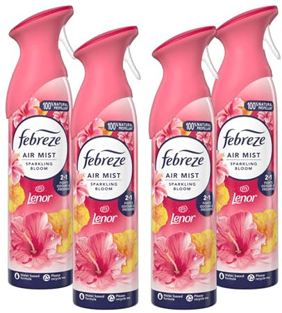 Febreze Air Mist Sparkling Bloom Air Freshener 185ml, Odour Eliminator Spray, 2-in-1 Air Freshener, Water-Based Formula with 100% Natural Propellant, Pack of 4