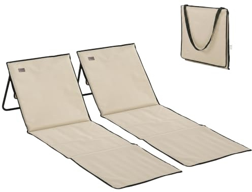 Outsunny Lot de 2 Tapis de Plage rembourré - Matelas de Plage - Dossier inclinable Multi-Positions - Sangle de Transport Inclus - métal Polyester Beige