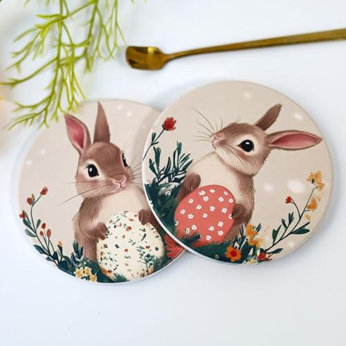 Ueiwffzo 2 Pack Oster Hase Untersetzer Gläser, Rund Tassenuntersetzer Getränke Glasuntersetzer Glasuntersetzer Kork