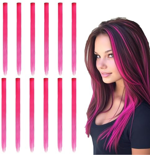 HaarsträHnen Zum Einklipsen 55cm, 12 Stück Pinke HaarsträHnen, Modische Pinke SträHnen Clips, Clip In Extensions Glattes Haar Und Lockiges Haar, Bunte Strähnen Für Party Festival