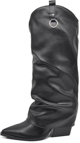 IF Fashion Stivali Texani Arricciati stropicciati Da Donna A Punta Con Tacco E Ghetta Risvolto MP742-2 nero N.39