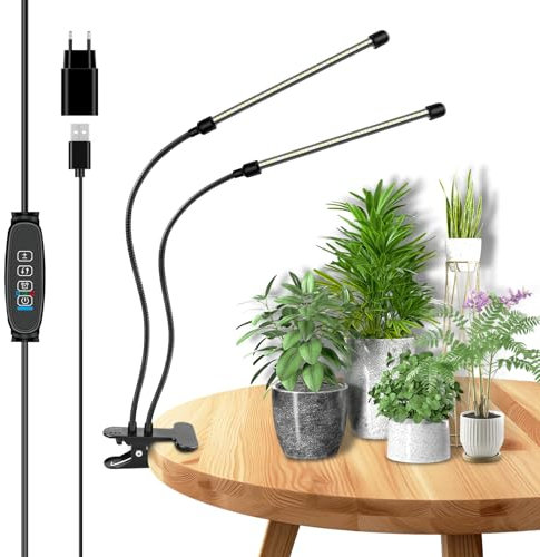 RIGIDON Lampada per Piante Coltivazione Indoor Con Clip, 2-Teste 84 Leds spettro completo 380nm - 800nm Grow Light da Interno, Timer 3/9/12H, 10 Livelli di Luminosità, per Serra Idroponica da Casa