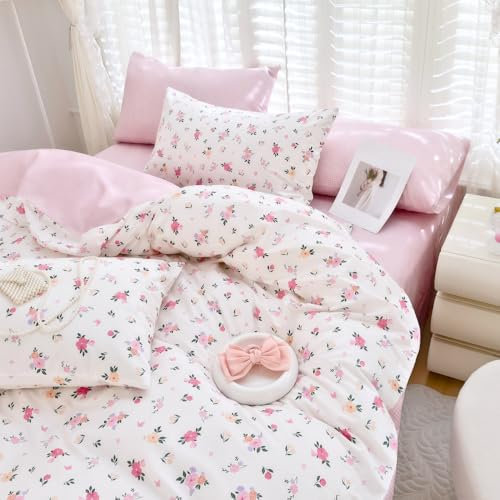 Nayoroom Bettwäsche 135x200 Baumwolle Rosa Blumen Frühling Schmetterling Bettbezug Set 2teilig Aesthetic Cute Kariert Einzelbett 100% Baumwoll Wendebettwäsche mit Reißverschluss und Kissenbezug 80x80