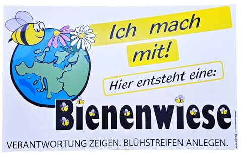 Bienenwiese Blumenwiese Schild für Garten und Parkanlagen, Blühstreifen Landwirtschaft, 40 x 25 cm, Kunststoff