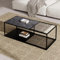 Merax Mesa de centro 110 × 48 × 35 cm, hierro forjado con cristal, gran espacio de almacenamiento, diseño moderno, mesa de café, color negro y mármol