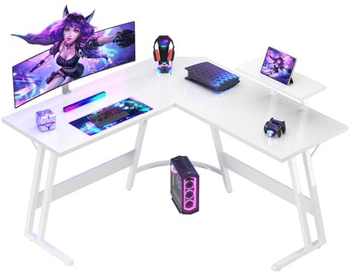 Devoko - Scrivania da gioco angolare 120 x 120 cm con supporto per schermo, tavolo per computer ad angolo, a forma di L, per studiare, giocare e lavorare, in carbonio bianco