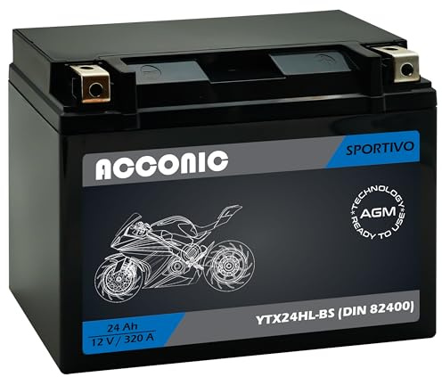 ACCONIC Sportivo AGM YTX24HL-BS Y50-N18L-A3 12V Motorradbatterie 24Ah 320A 12V DIN 82400 Maße: 205 x 91 x 159 mm ideal für Roller, Moped, Quad & Motorrad – wartungsfrei, & auslaufsicher.