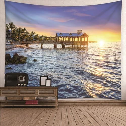 Wycian Tenture Murale One Piece XL Tenture Murale XXL Jaune Violet Pavillon du Coucher de Soleil et de la Mer Microfibres 260X240cm (Largeur x Haute)
