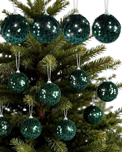 JBRQUEY 8 Stücke Weihnachtskugeln Grün Set, 8cm Christbaumkugeln Grün, Glänzend Pailletten Samt-Glitzer Groß Grüne Weihnachtskugeln für Weihnachtsfeierdekorationen