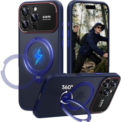 Peerock 360° Drehbarer Magnetischer Ständer für iPhone 16 Pro Max Hülle [Pro-Version Kameraschutz] [16FT Militärschutz] Stoßfeste Kratzfeste Handyhülle Transluzente Matt Case 6,9, Titanblau