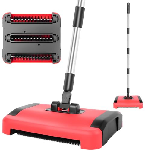 Carpet Sweeper Manual Cleaner Floor Duster Broom Pet Indoor Sweeping 180° Rotate Manual Carpet Sweeper for Hard Floors & Carpets - 3 Layer Soft Brush Included