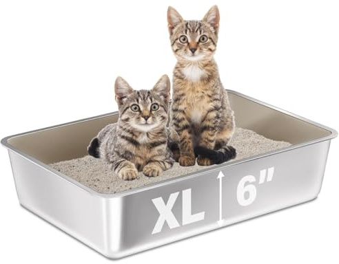 Stainless Steel Cat Litter Box Tray Heavy Duty 60L x 40W x15H CM, Metal Non Stick Surface Litter Box for Large Cats Anti-leakage Easy to Clean Open Top Kitty Litter Pan Extra Large 20L