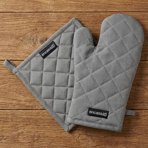 Encasa XO Guantes de Horno y Agarraderas, Resistente al Calor Gris | 100% Algodón Puro | Agarre Antideslizante | Resistente al Calor | Lavable a Máquina | Juego de 2