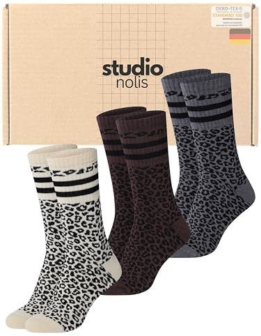 Studio Nolis Tennissocken Leo 3er Set OekoTex100 Baumwolle Socken Leopard | Crew Socks Leopardenmuster gestreift in Beige Braun Grau Damen Baumwollsocken