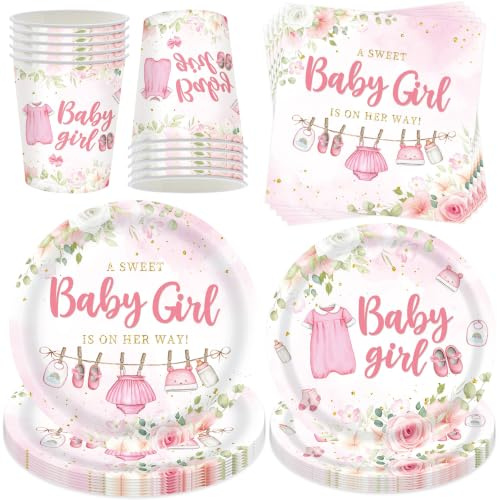 Jiahuade 50 Stück Babyparty Deko Mädchen,Baby Shower its a Girl Partyteller | Gender Reveal Partygeschirr Set,Mädchen Babyparty Partyteller Set für 10 Gäste,Girl Geburtstag Party Teller Servietten Tassen