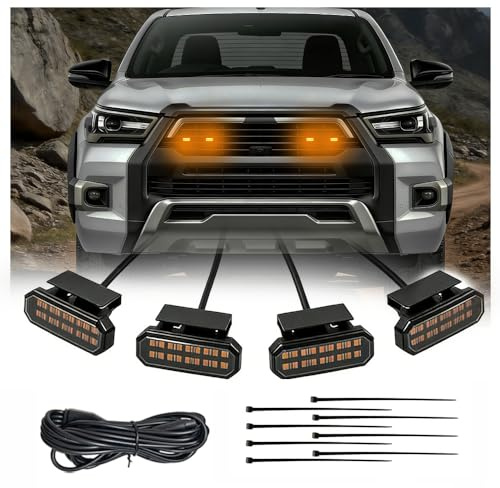 ouhaiou Universelle gelbe Frontgrill-Leuchten mit Sicherung, 4er Set, Auto Zusatzbeleuchtung für Kühlergrill