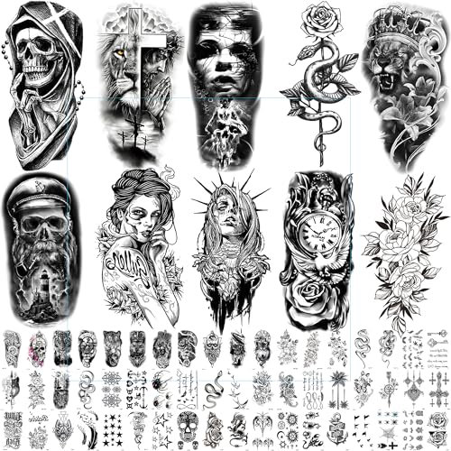 64 Temporäre Tätowierung für Männer oder Frauen, 10 große gefälschte Tattoos, die echt aussehen und 54 kleine schwarze Tattoos, 3D Temp Tattoo Armstulpen für Erwachsene
