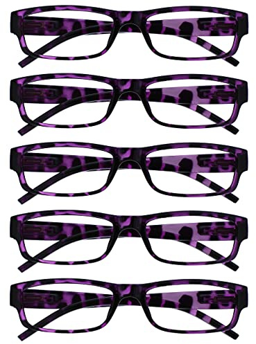 OPULIZE ACE Reading Glasses for Women Men, Lightweight Comfortable Narrow Rectangular Frame with Spring Hinges, Scratch Resistant, Purple +3 (Pack of 5)