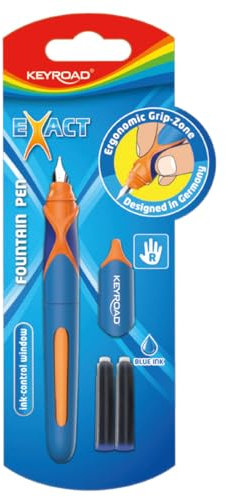 Keyroad Füllhalter EXACT 1 Stück | Füller für Kinder, Füllfederhalter, Schreiblernfüller inkl. 2 Tinten Patronen | ergonomische Griffzone | blau