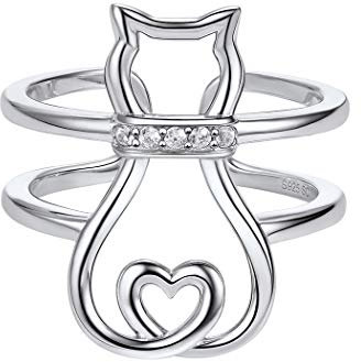 SILVERCUTE Damen Katze Offene Ringe 925 Sterling Silber Verstellbarer Personalisiert Statement Ring mit Zirkonia Fingerring Süßer Tierring Mode Ringschmuck Katzeliebhaber für Frauen Mädchen