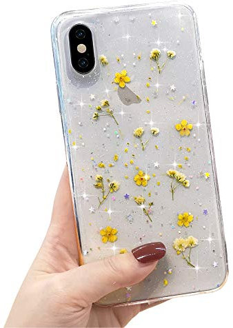 LCHULLE Hülle Kompatibel mit iPhone Xr Handyhülle Blumen Transparent Hülle Echt Getrocknete Blumen Schutzhülle Silikon Case Flower für iPhone Xr Gelb
