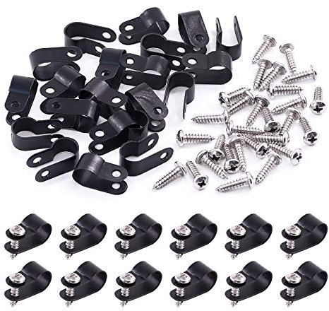 Swpeet 120 Pack Black 3/8 Inch Nylon Plastic R-Type Cable Clips Clamp Kit, Nylon Screw Mounting Cord Fastener Clips with 120 Pack Screws for Wire Management (3/8 Inch, Black)