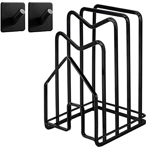 Hikinlichi Chopping Board Holder w 2 Adhesive Hooks Kitchen Countertop Cutting Board Rack Organizer Stand Holder Pots Pan Lids Rack 12.5 x 14.5 x 21.5cm Black