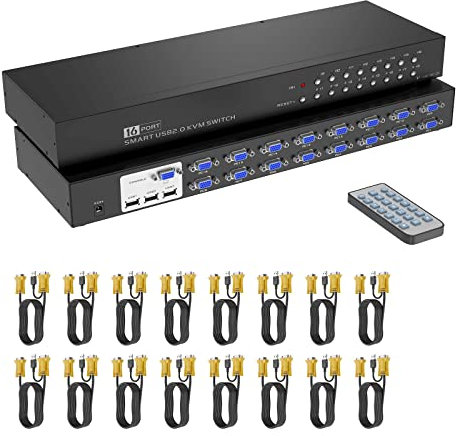 Interruttore KVM VGA 16 Porte, Yinker VGA 16x1 Console KVM a rack con 16 cavi a infrarossi e supporto per le orecchie HD 1U Rack Cabinet