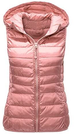 ORANDESIGNE Doudoune sans Manche à Capuche Femme Gilet en Duvet Brillant Matelassé Légère Veste Chaud Manteau Parka Hiver Slim Casual Zip Matelassé sans Manches Gilet A Rose XL