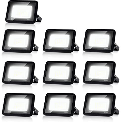 Randaco 20W Faretto LED da Esterno, Super Luminosa 1700LM Bianco Freddo 6000K Fari LED, IP66 Impermeabile Proiettore LED da Esterno per Corridoio, Cortile, Parco Giochi, Garage (10PCS)