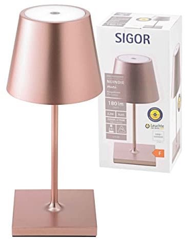 SIGOR Nuindie mini - Dimmbare kleine LED Akku-Tischlampe Indoor & Outdoor, IP54 spritzwassergeschützt, Höhe 25 cm, aufladbar mit Easy Connect, 12 h Leuchtdauer, rosegold