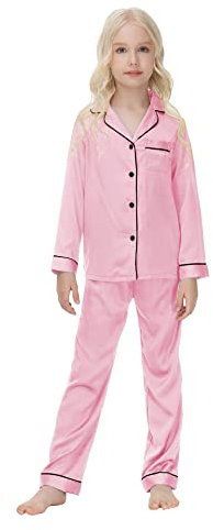 Verve Jelly Enfant en bas âge bébé garçons filles pyjama en satin à manches longues chemise boutonnée et pantalon long vêtements de nuit de couleur unie 2 pièces ensemble rose 140 9-10 ans