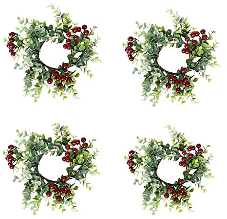 Teahutty 4 Stück Weihnachts-Kerzenring künstliche Beerenringe, Eukalyptusblätter, Mini-Kranz für Säulen, Weihnachten, Urlaubsdekoration, rustikale Hochzeitstischdekoration, Grün a, 25 cm, Green A