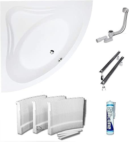 ECOLAM Baignoire d'angle Mia 130 x 130 cm | avec revêtement universel en polystyrène | Bonde d'écoulement et de trop-plein pieds + silicone